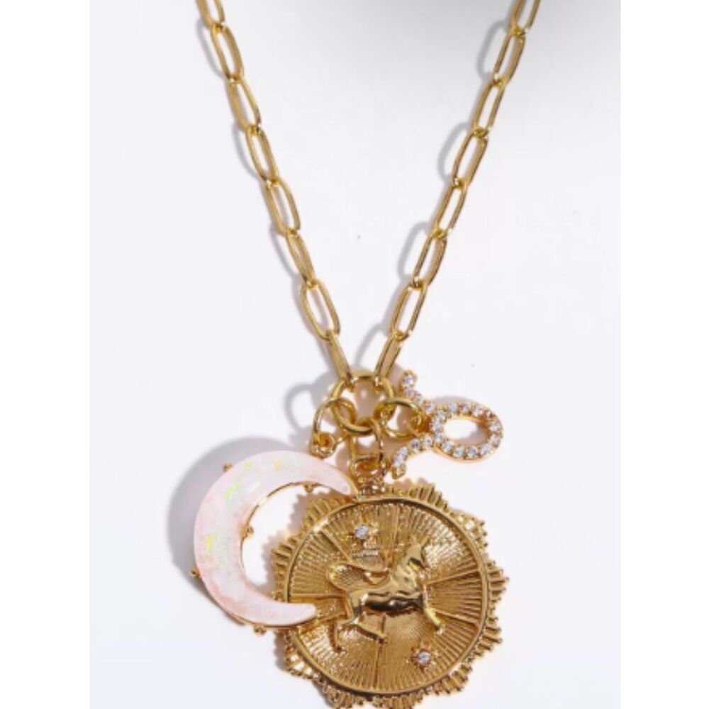 Gold Charm Taurus Pendant Necklace with Pink Crescent and CZ Accents by Mayamar